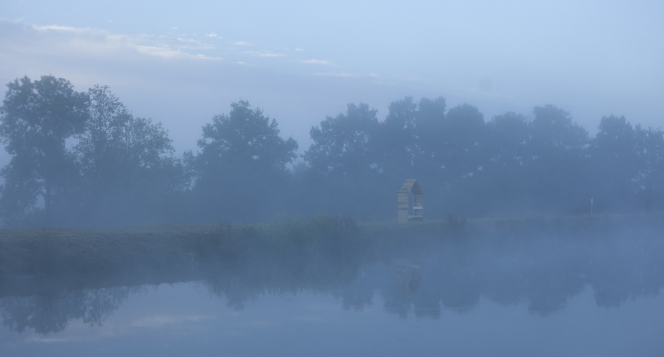 Installation by the lake at dawn